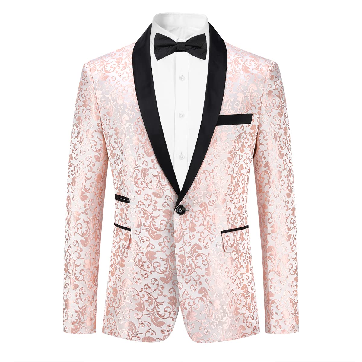 Pink # Men's floral jacquard dress suit jacket with black shawl collar and center vent, 3D tailored fit printed tux blazer with exquisite floral pattern, one chest pocket and two side flap pockets, soft polyester formal coat for party, prom, wedding, banquet and special occasions, isolated on white background.