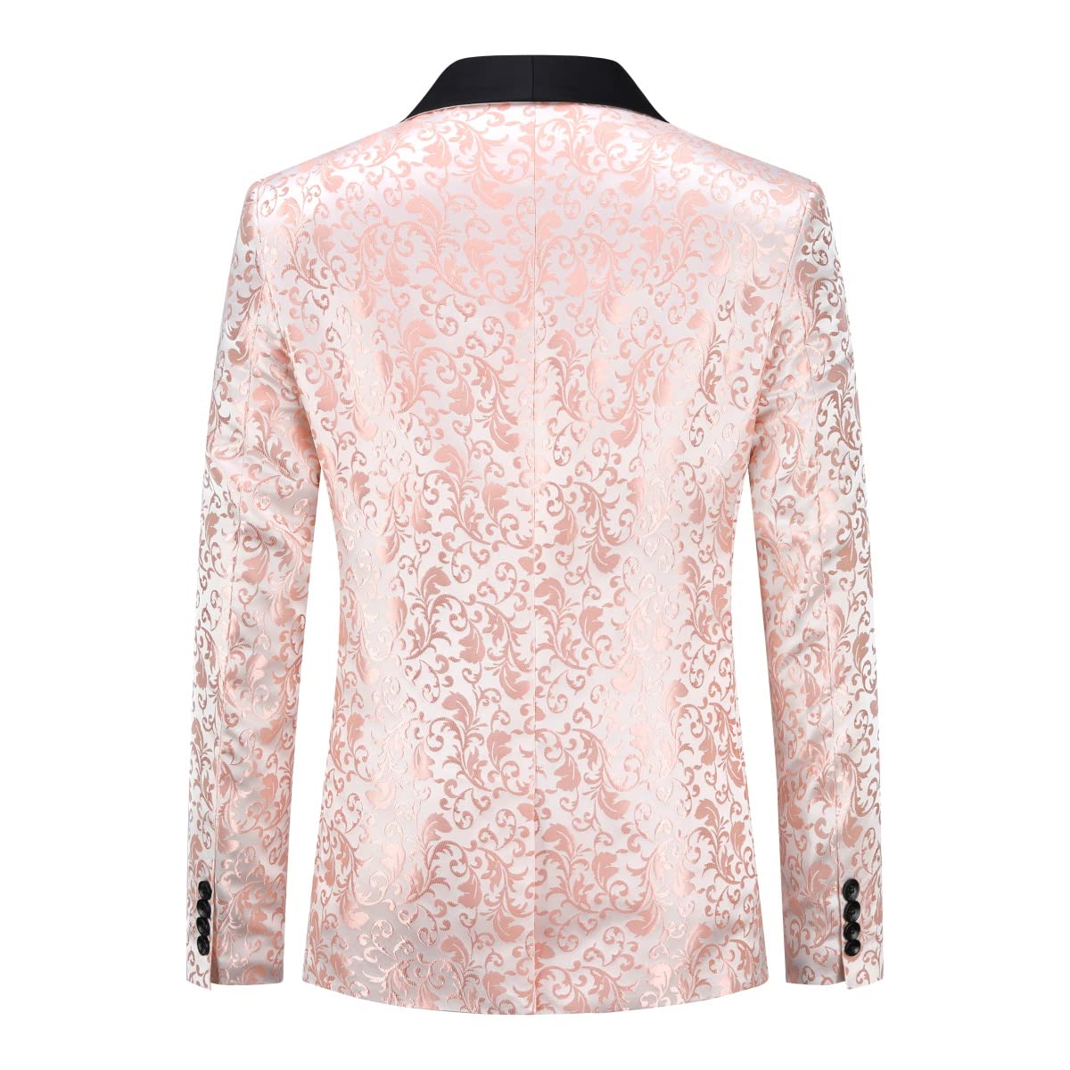 Pink # Men's floral jacquard dress suit jacket with black shawl collar and center vent, 3D tailored fit printed tux blazer with exquisite floral pattern, one chest pocket and two side flap pockets, soft polyester formal coat for party, prom, wedding, banquet and special occasions, isolated on white background.
