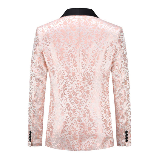 Pink # Men's floral jacquard dress suit jacket with black shawl collar and center vent, 3D tailored fit printed tux blazer with exquisite floral pattern, one chest pocket and two side flap pockets, soft polyester formal coat for party, prom, wedding, banquet and special occasions, isolated on white background.