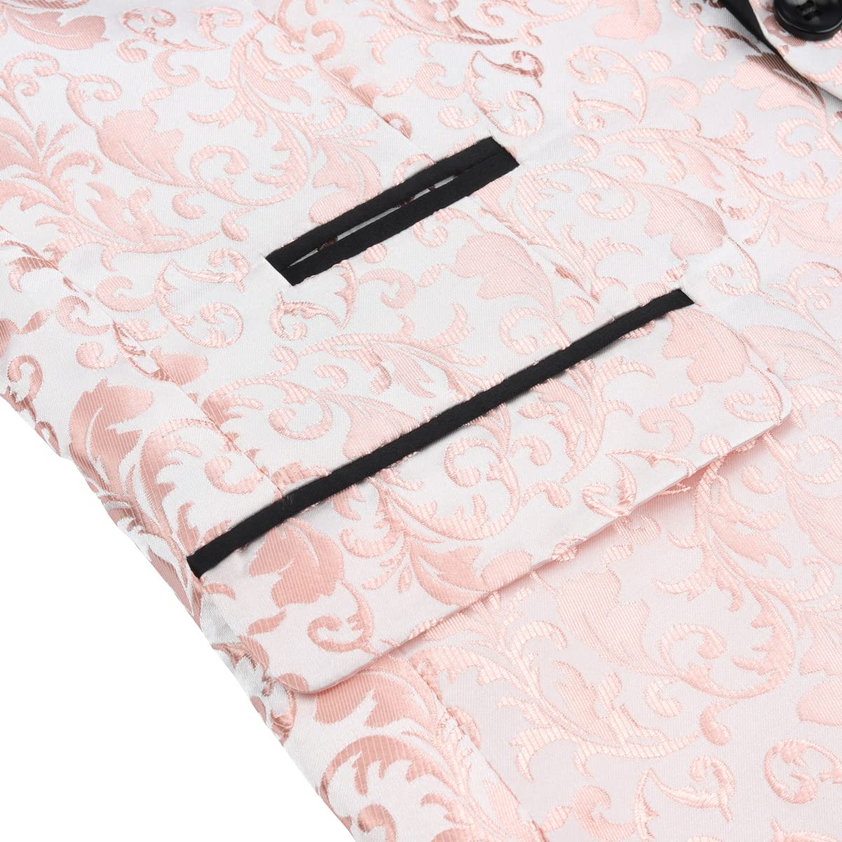 Pink # Men's floral jacquard dress suit jacket with black shawl collar and center vent, 3D tailored fit printed tux blazer with exquisite floral pattern, one chest pocket and two side flap pockets, soft polyester formal coat for party, prom, wedding, banquet and special occasions, isolated on white background.