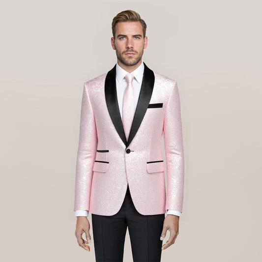 Pink # Men's floral jacquard dress suit jacket with black shawl collar and center vent, 3D tailored fit printed tux blazer with exquisite floral pattern, one chest pocket and two side flap pockets, soft polyester formal coat for party, prom, wedding, banquet and special occasions, isolated on white background.