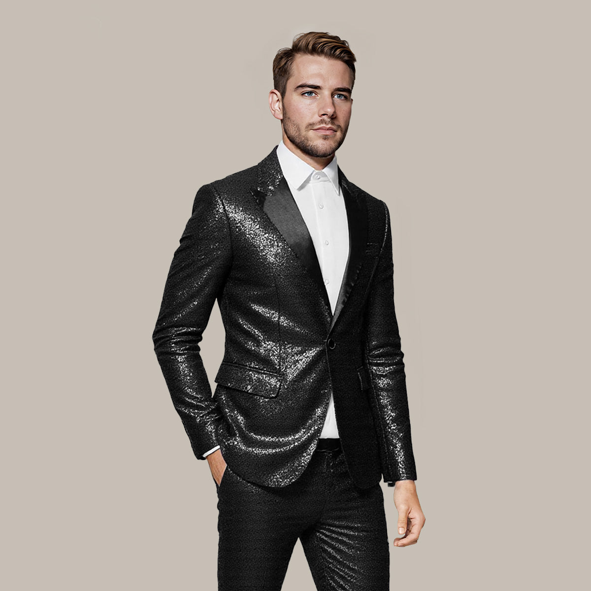 Black # Men's one-button shiny sequin jacket with peaked lapel and single-breasted closure, black party tuxedo blazer with 2 flap hand pockets and cotton blend fabric, sparkling sequin sport coat for prom, wedding, banquet, show and celebration, isolated on white background.