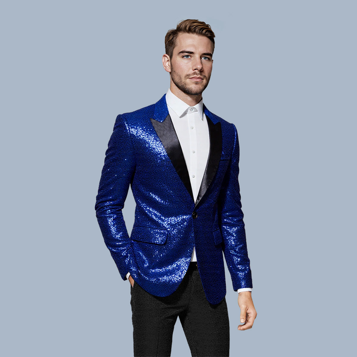 Blue # Men's shiny sequin party tuxedo blazer with one-button peaked lapel and single-breasted closure, blue sparkle jacket with 2 flap hand pockets and 1 chest pocket, cotton blend sequin coat for prom, wedding, banquet, show and celebration, isolated on white background.