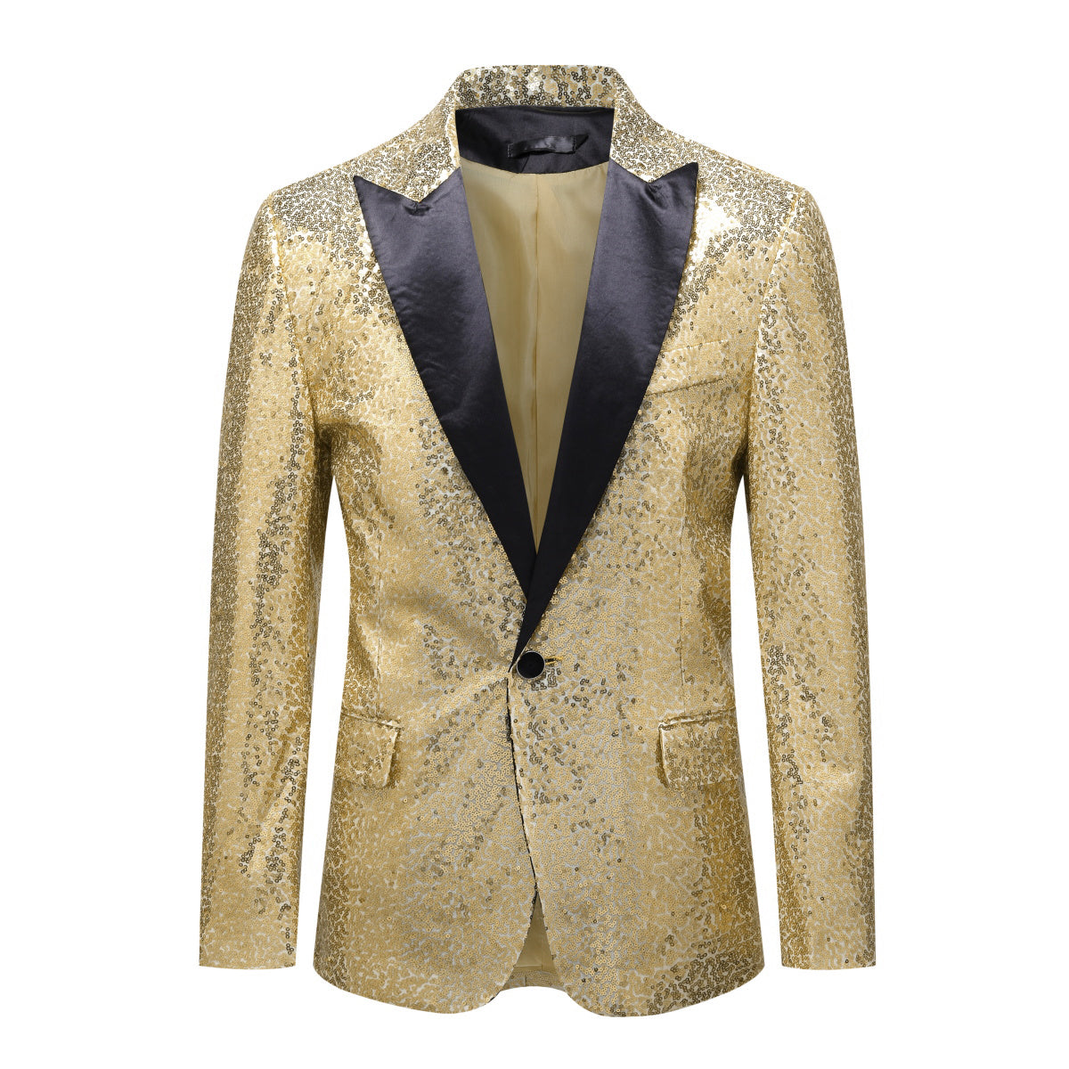 Gold # Men's one-button single-breasted sequin jacket with peaked lapel and shiny sequin decoration, gold party tuxedo blazer with 2 flap hand pockets and 1 chest pocket, cotton blend fabric with acrylic lining for prom, wedding, banquet, show and celebration, isolated on white background.