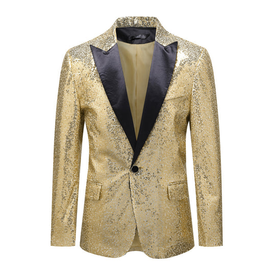 Gold # Men's one-button single-breasted sequin jacket with peaked lapel and shiny sequin decoration, gold party tuxedo blazer with 2 flap hand pockets and 1 chest pocket, cotton blend fabric with acrylic lining for prom, wedding, banquet, show and celebration, isolated on white background.