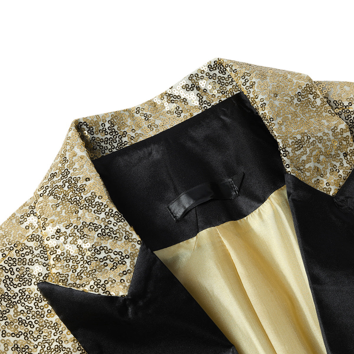 Gold # Men's one-button single-breasted sequin jacket with peaked lapel and shiny sequin decoration, gold party tuxedo blazer with 2 flap hand pockets and 1 chest pocket, cotton blend fabric with acrylic lining for prom, wedding, banquet, show and celebration, isolated on white background.