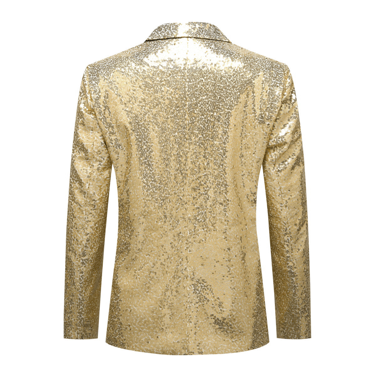 Gold # Men's one-button single-breasted sequin jacket with peaked lapel and shiny sequin decoration, gold party tuxedo blazer with 2 flap hand pockets and 1 chest pocket, cotton blend fabric with acrylic lining for prom, wedding, banquet, show and celebration, isolated on white background.