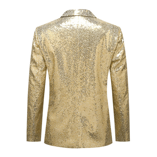 Gold # Men's one-button single-breasted sequin jacket with peaked lapel and shiny sequin decoration, gold party tuxedo blazer with 2 flap hand pockets and 1 chest pocket, cotton blend fabric with acrylic lining for prom, wedding, banquet, show and celebration, isolated on white background.