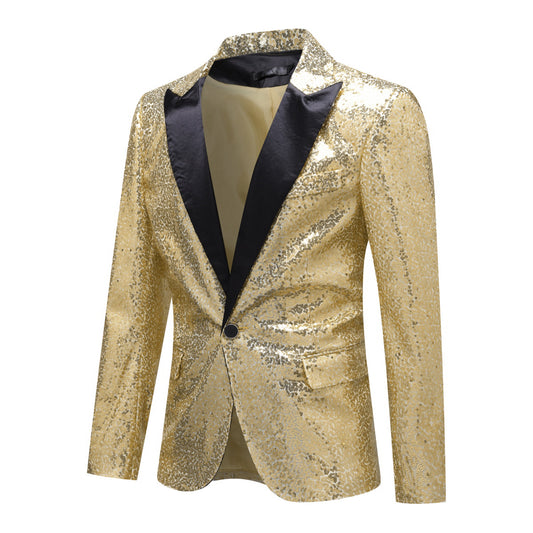 Gold # Men's one-button single-breasted sequin jacket with peaked lapel and shiny sequin decoration, gold party tuxedo blazer with 2 flap hand pockets and 1 chest pocket, cotton blend fabric with acrylic lining for prom, wedding, banquet, show and celebration, isolated on white background.