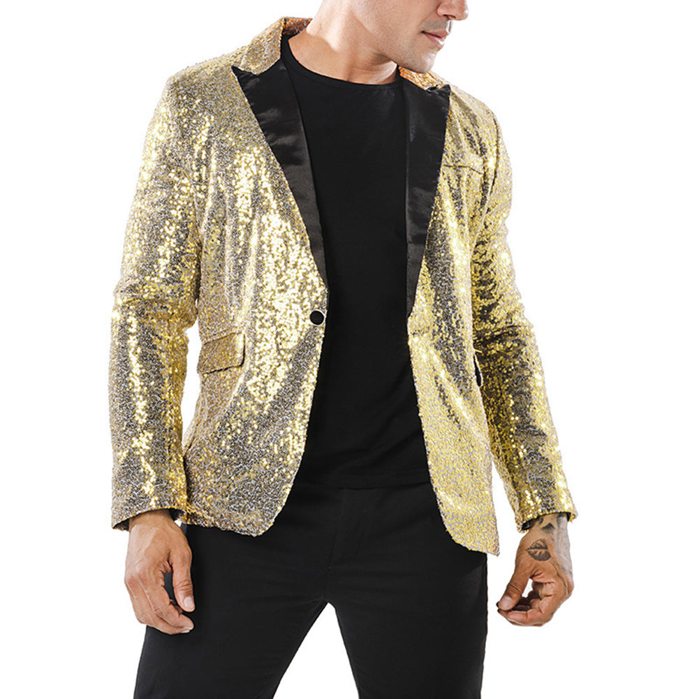 Gold # Men's one-button single-breasted sequin jacket with peaked lapel and shiny sequin decoration, gold party tuxedo blazer with 2 flap hand pockets and 1 chest pocket, cotton blend fabric with acrylic lining for prom, wedding, banquet, show and celebration, isolated on white background.