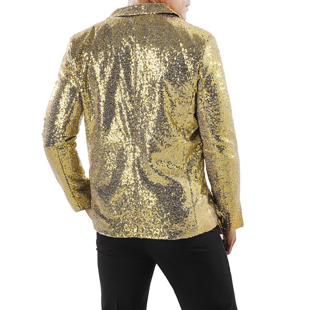 Gold # Men's one-button single-breasted sequin jacket with peaked lapel and shiny sequin decoration, gold party tuxedo blazer with 2 flap hand pockets and 1 chest pocket, cotton blend fabric with acrylic lining for prom, wedding, banquet, show and celebration, isolated on white background.