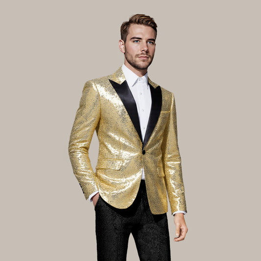 Gold # Men's one-button single-breasted sequin jacket with peaked lapel and shiny sequin decoration, gold party tuxedo blazer with 2 flap hand pockets and 1 chest pocket, cotton blend fabric with acrylic lining for prom, wedding, banquet, show and celebration, isolated on white background.