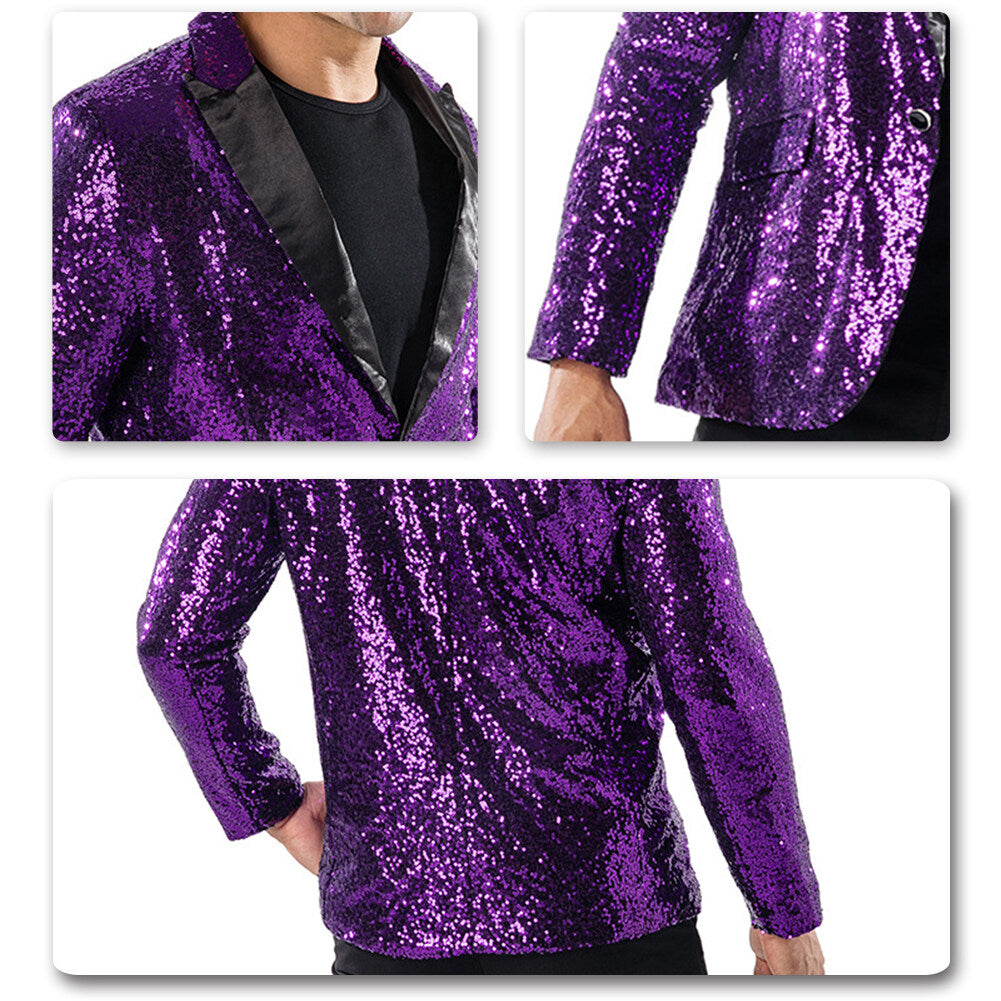 Purple # Men's one-button shiny sequin jacket with peaked lapel and single-breasted closure, purple party tuxedo blazer with 2 flap hand pockets and 1 chest pocket, cotton blend fabric with acrylic lining for prom, wedding, banquet and stage performance, isolated on white background.