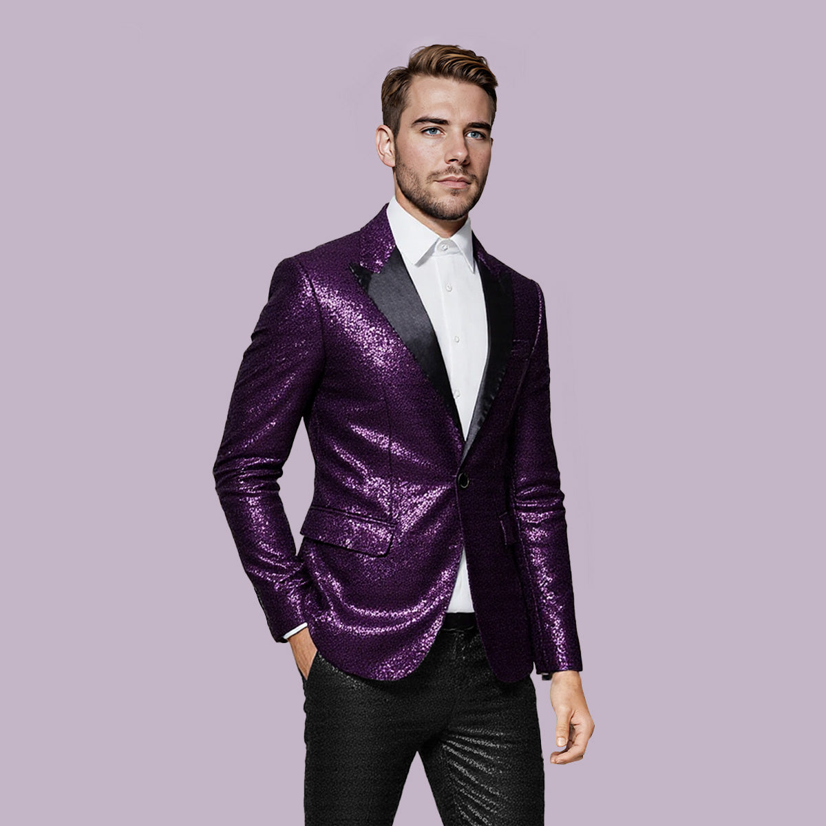 Purple # Men's one-button shiny sequin jacket with peaked lapel and single-breasted closure, purple party tuxedo blazer with 2 flap hand pockets and 1 chest pocket, cotton blend fabric with acrylic lining for prom, wedding, banquet and stage performance, isolated on white background.