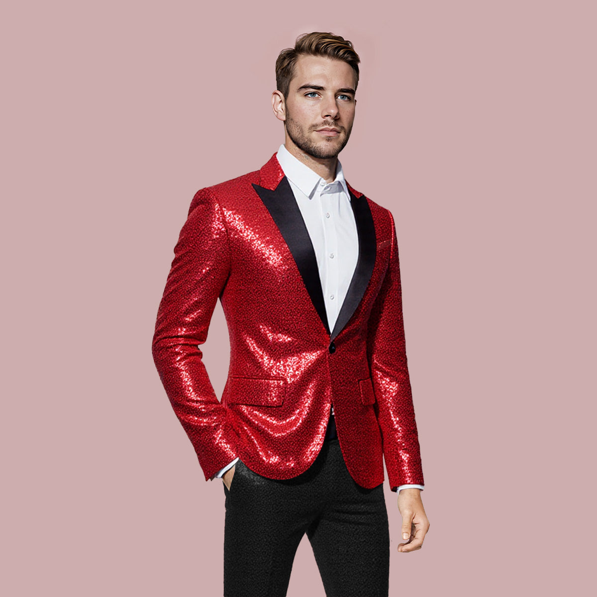 Red # Men's shiny sequin party tuxedo blazer with one-button peaked lapel and single-breasted closure, red sparkle suit jacket with cotton blend fabric, 2 flap hand pockets and 1 chest pocket for prom, wedding, banquet, show and celebration, isolated on white background.
