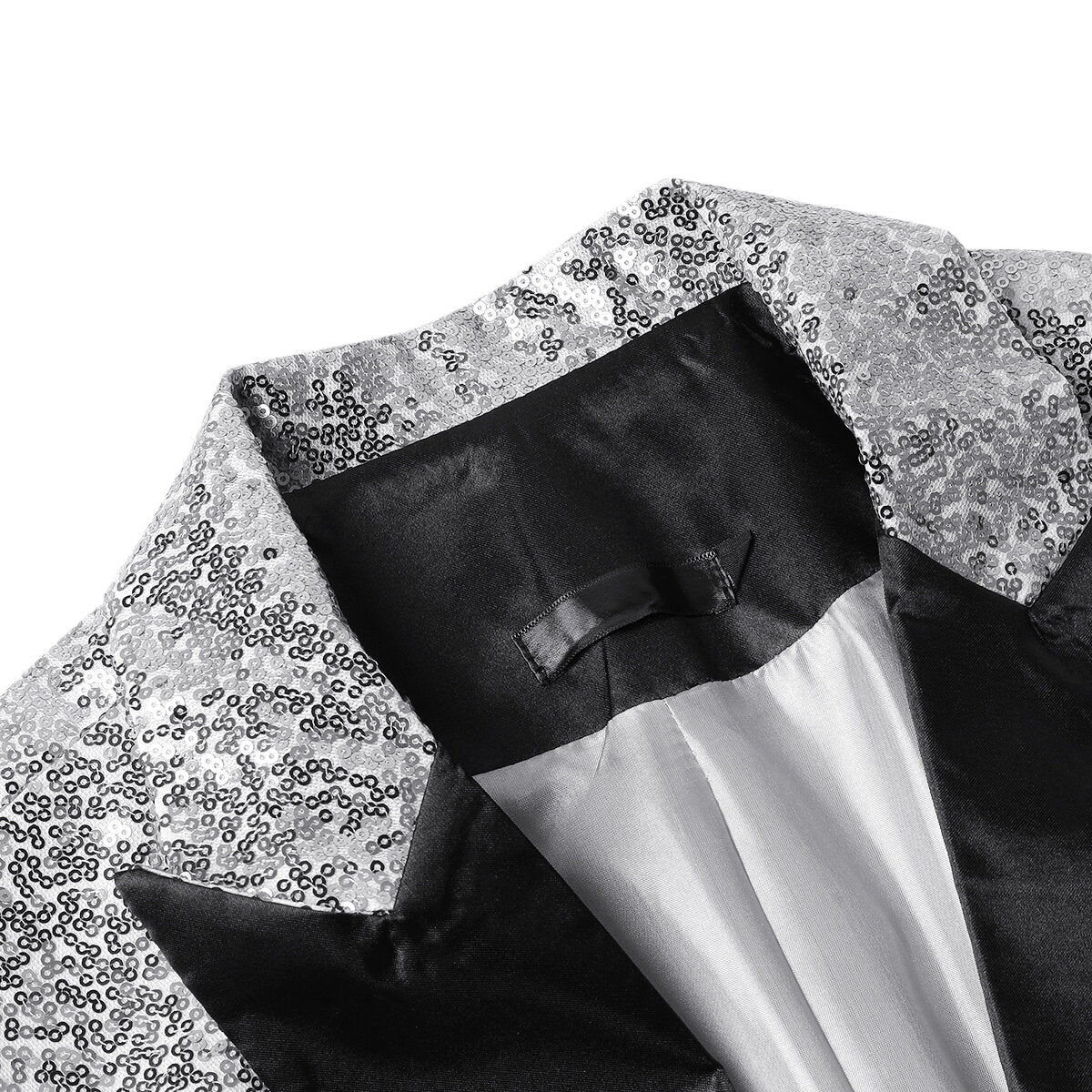 Silver # Men's shiny sequin party tuxedo blazer with one-button peaked lapel and single-breasted closure, silver sparkle jacket with 2 flap hand pockets and 1 chest pocket, cotton blend sequin coat for prom, wedding, banquet, show and celebration, isolated on white background.