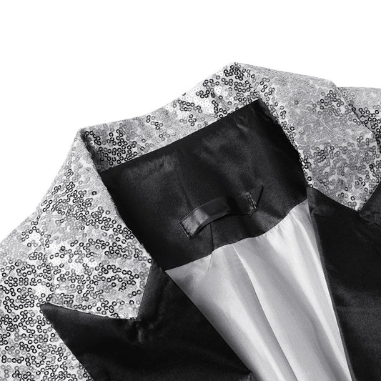 Silver # Men's shiny sequin party tuxedo blazer with one-button peaked lapel and single-breasted closure, silver sparkle jacket with 2 flap hand pockets and 1 chest pocket, cotton blend sequin coat for prom, wedding, banquet, show and celebration, isolated on white background.