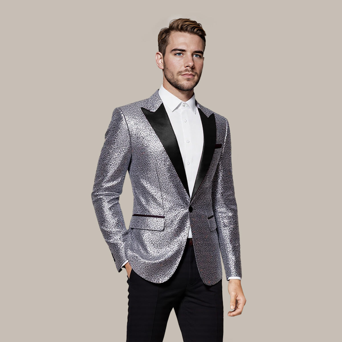 Silver # Men's shiny sequin party tuxedo blazer with one-button peaked lapel and single-breasted closure, silver sparkle jacket with 2 flap hand pockets and 1 chest pocket, cotton blend sequin coat for prom, wedding, banquet, show and celebration, isolated on white background.