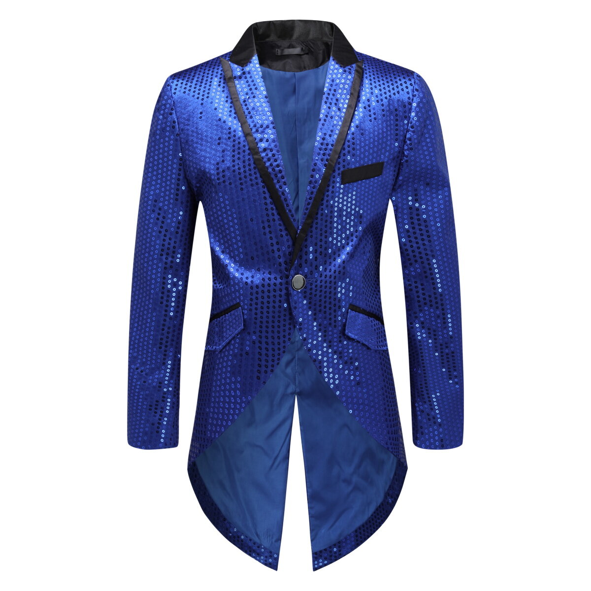 Blue # Men's slim fit sequin decorated swallowtail coat with peaked lapel and single-breasted button closure, blue sparkle tuxedo tailcoat with shining sequins for party, prom, stage performance, wedding and special events, isolated on white background.