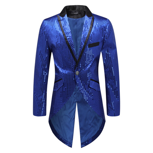 Blue # Men's slim fit sequin decorated swallowtail coat with peaked lapel and single-breasted button closure, blue sparkle tuxedo tailcoat with shining sequins for party, prom, stage performance, wedding and special events, isolated on white background.