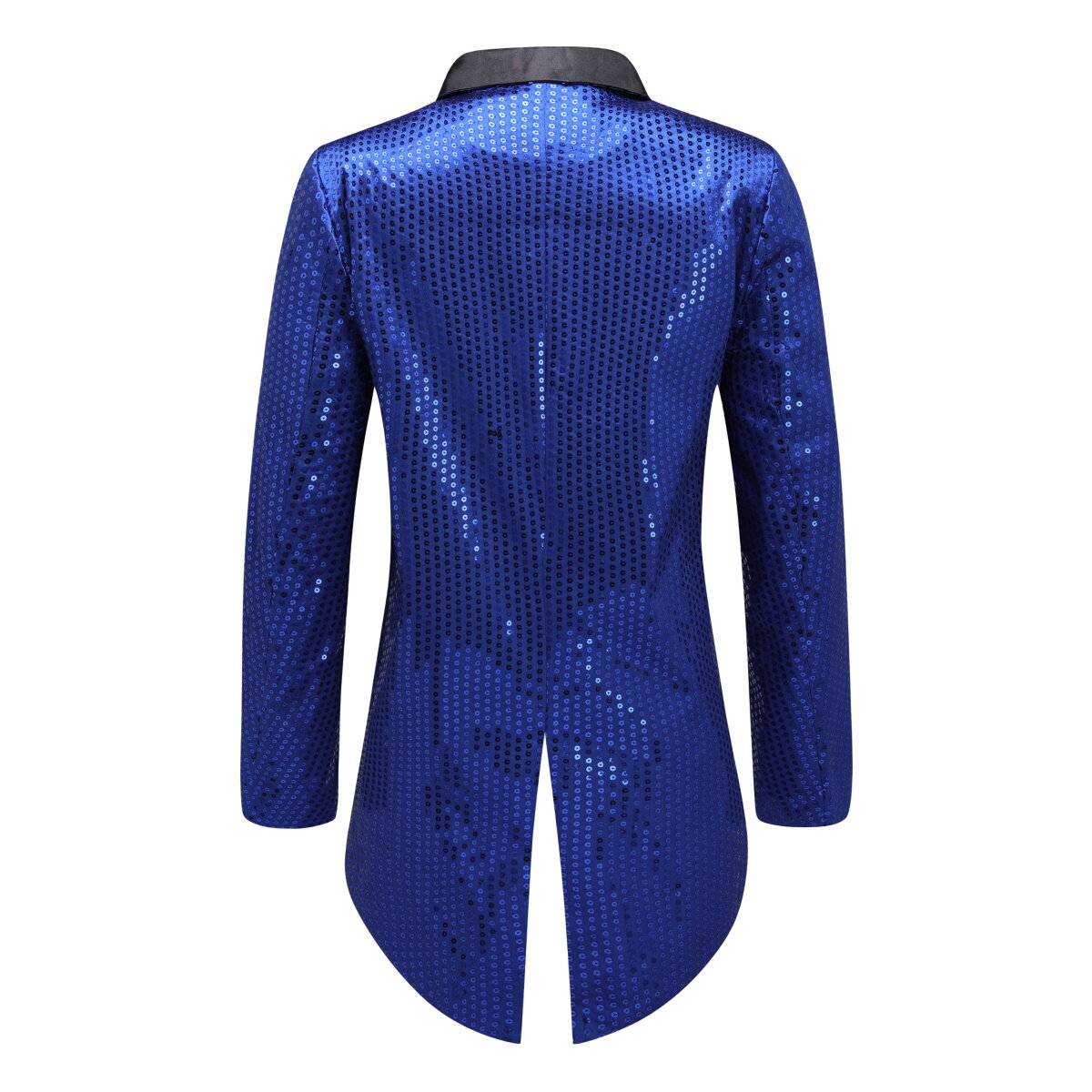 Blue # Men's slim fit sequin decorated swallowtail coat with peaked lapel and single-breasted button closure, blue sparkle tuxedo tailcoat with shining sequins for party, prom, stage performance, wedding and special events, isolated on white background.
