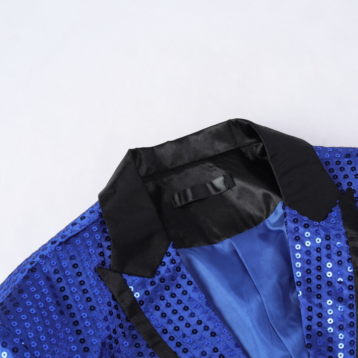 Blue # Men's slim fit sequin decorated swallowtail coat with peaked lapel and single-breasted button closure, blue sparkle tuxedo tailcoat with shining sequins for party, prom, stage performance, wedding and special events, isolated on white background.