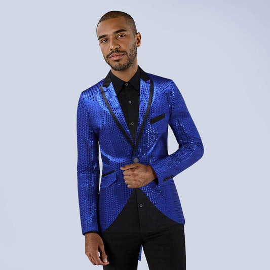 Blue # Men's slim fit sequin decorated swallowtail coat with peaked lapel and single-breasted button closure, blue sparkle tuxedo tailcoat with shining sequins for party, prom, stage performance, wedding and special events, isolated on white background.