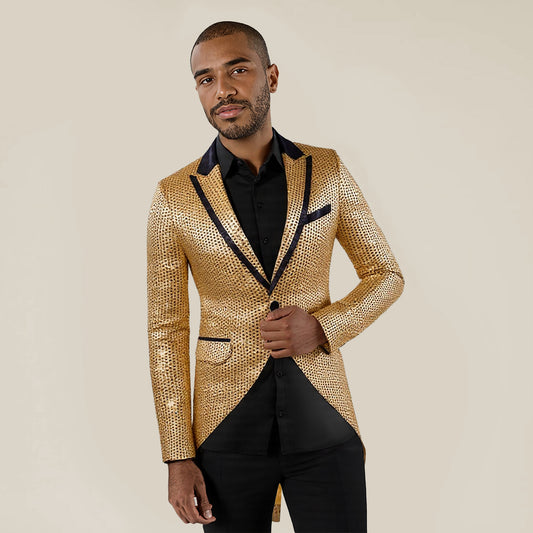 Gold # Men's slim fit sequin decorated swallowtail coat with peaked lapel and single-breasted button closure, gold sparkle tuxedo tailcoat with shining sequins for party, prom, stage performance, wedding and special events, isolated on white background.