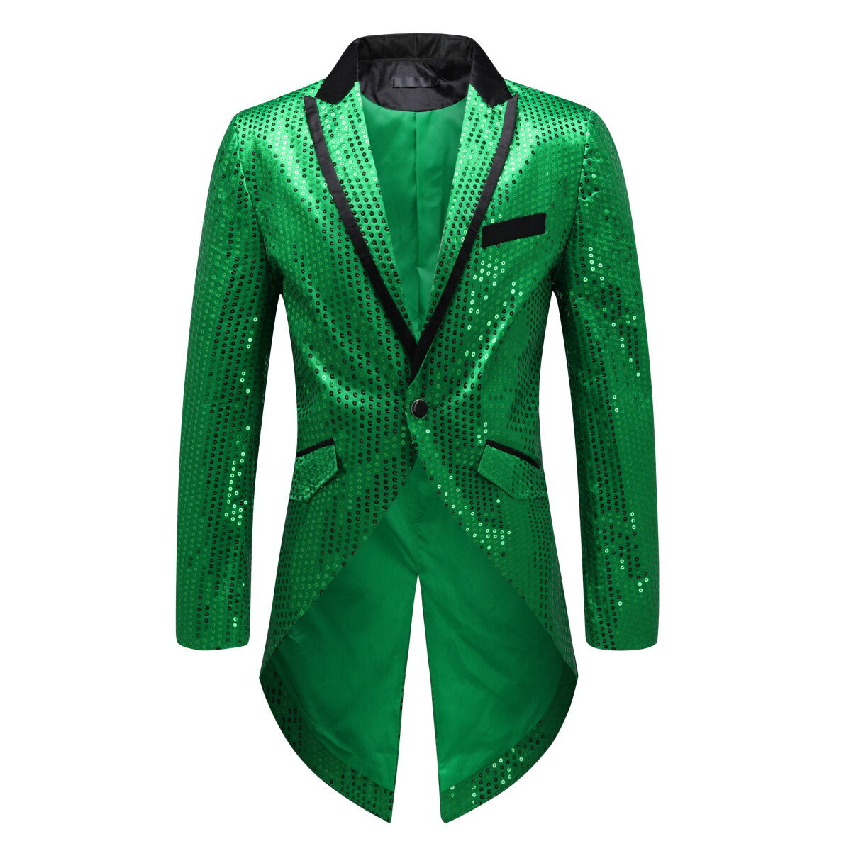 Green # Men's slim fit sequin decorated swallowtail coat with peaked lapel and single-breasted button closure, green sparkle tuxedo tailcoat with shining sequins for party, prom, stage performance, wedding and special events, isolated on white background.
