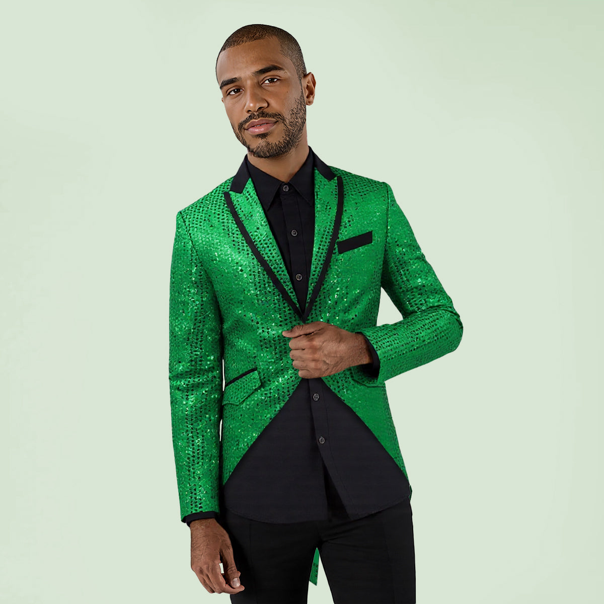 Green # Men's slim fit sequin decorated swallowtail coat with peaked lapel and single-breasted button closure, green sparkle tuxedo tailcoat with shining sequins for party, prom, stage performance, wedding and special events, isolated on white background.