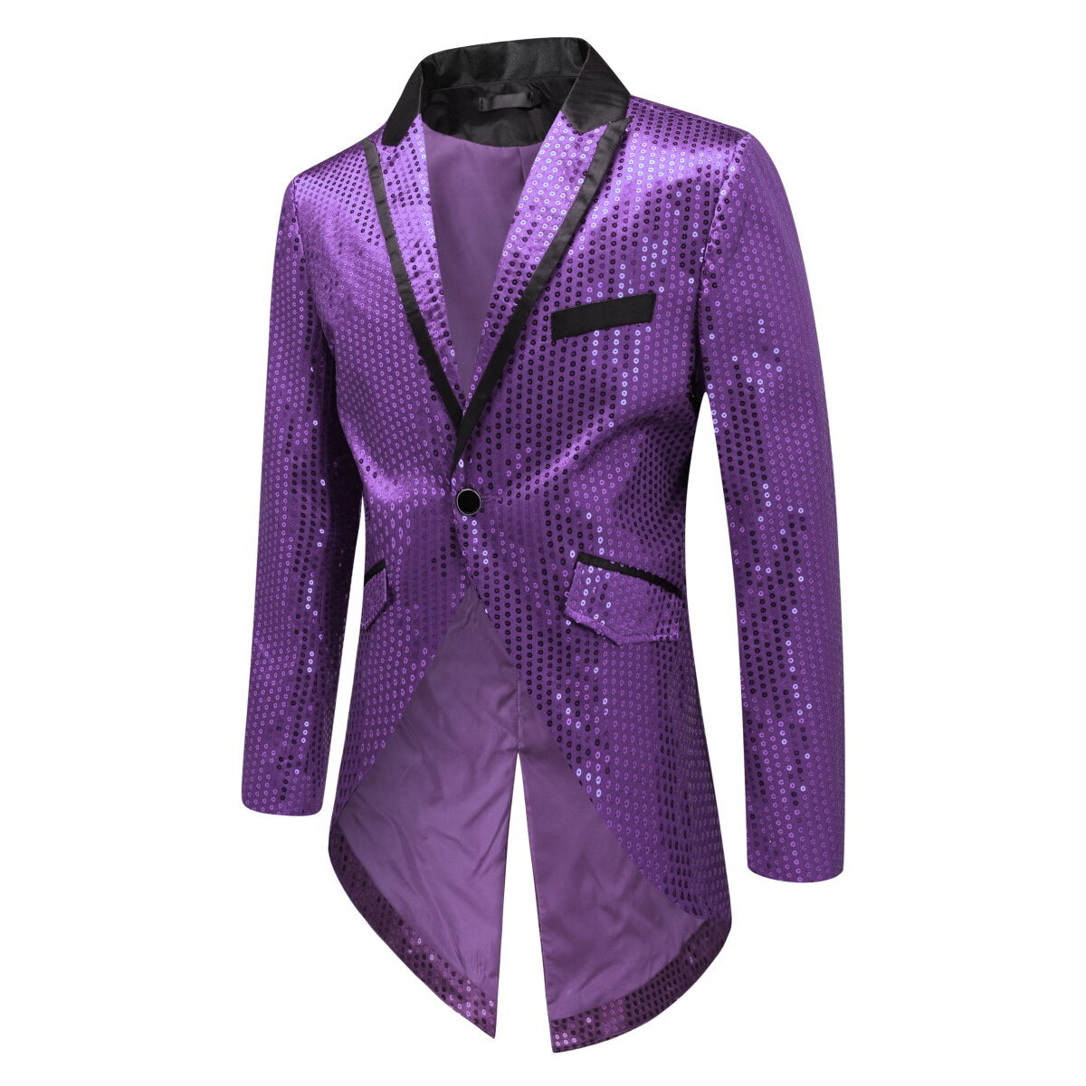 Purple # Men's slim fit sequin decorated swallowtail coat with peaked lapel and single-breasted button closure, purple sparkle tuxedo tailcoat with shining sequins for party, prom, stage performance, wedding and special events, isolated on white background.