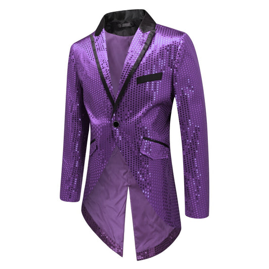 Purple # Men's slim fit sequin decorated swallowtail coat with peaked lapel and single-breasted button closure, purple sparkle tuxedo tailcoat with shining sequins for party, prom, stage performance, wedding and special events, isolated on white background.