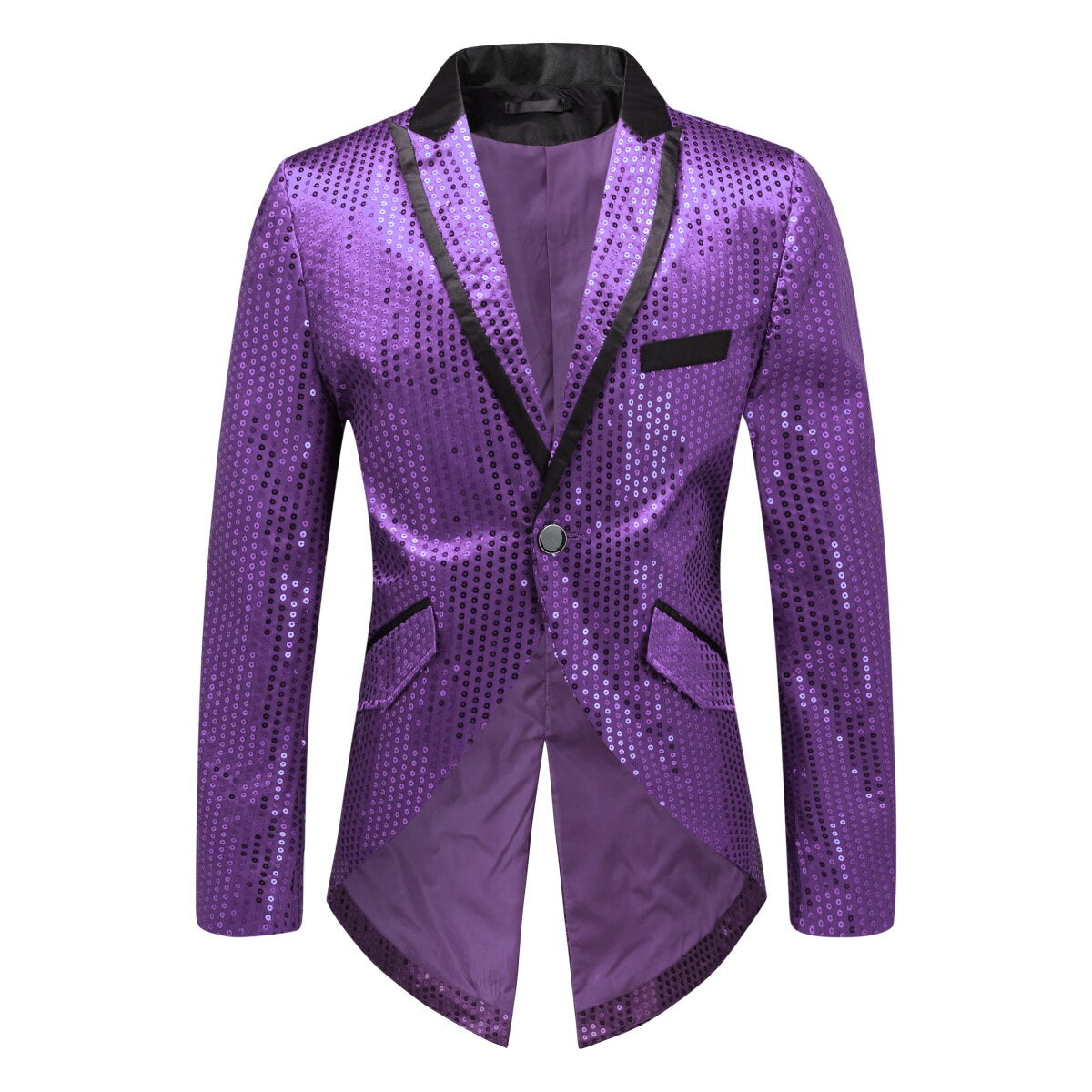 Purple # Men's slim fit sequin decorated swallowtail coat with peaked lapel and single-breasted button closure, purple sparkle tuxedo tailcoat with shining sequins for party, prom, stage performance, wedding and special events, isolated on white background.