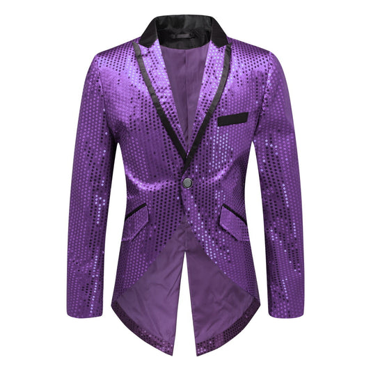 Purple # Men's slim fit sequin decorated swallowtail coat with peaked lapel and single-breasted button closure, purple sparkle tuxedo tailcoat with shining sequins for party, prom, stage performance, wedding and special events, isolated on white background.