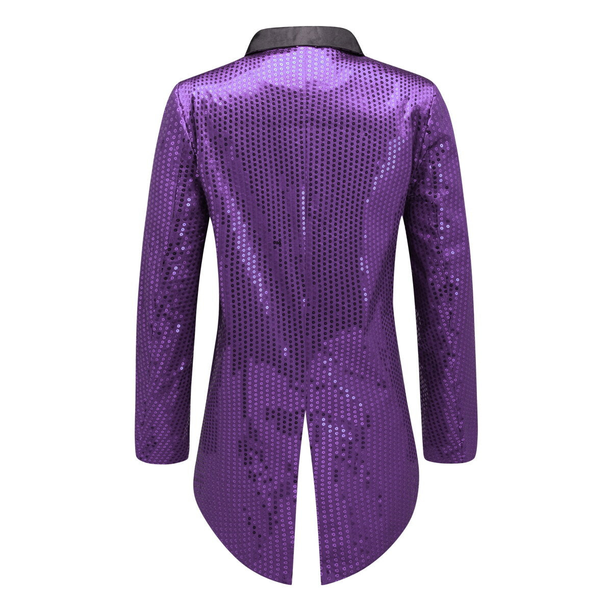 Purple # Men's slim fit sequin decorated swallowtail coat with peaked lapel and single-breasted button closure, purple sparkle tuxedo tailcoat with shining sequins for party, prom, stage performance, wedding and special events, isolated on white background.