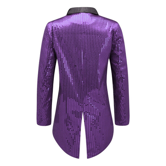 Purple # Men's slim fit sequin decorated swallowtail coat with peaked lapel and single-breasted button closure, purple sparkle tuxedo tailcoat with shining sequins for party, prom, stage performance, wedding and special events, isolated on white background.