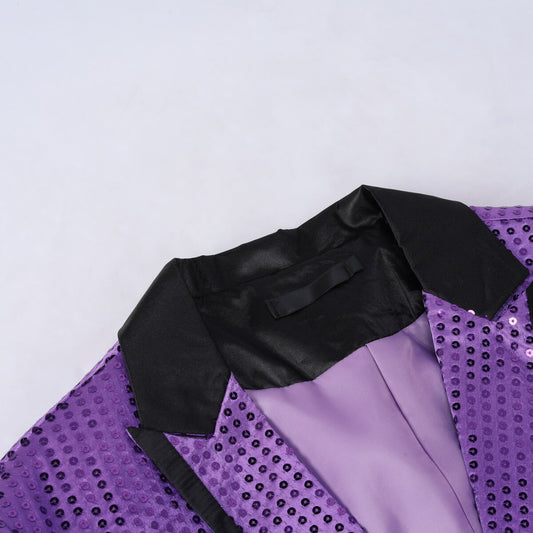 Purple # Men's slim fit sequin decorated swallowtail coat with peaked lapel and single-breasted button closure, purple sparkle tuxedo tailcoat with shining sequins for party, prom, stage performance, wedding and special events, isolated on white background.