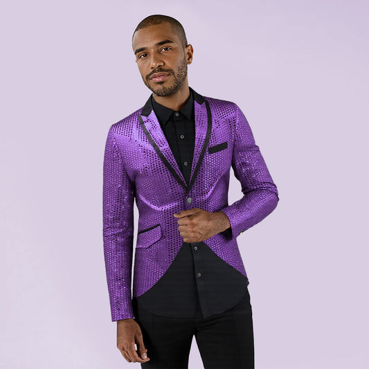 Purple # Men's slim fit sequin decorated swallowtail coat with peaked lapel and single-breasted button closure, purple sparkle tuxedo tailcoat with shining sequins for party, prom, stage performance, wedding and special events, isolated on white background.