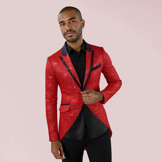 Red # Men's slim fit sequin decorated swallowtail coat with peaked lapel and single-breasted button closure, red sparkle tuxedo tailcoat with shining sequins for party, prom, stage performance, wedding and special events, isolated on white background.