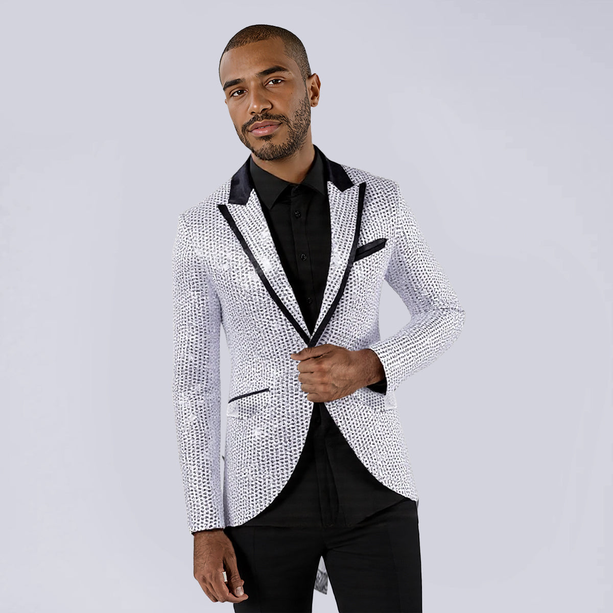 Silver # Men's slim fit sequin decorated swallowtail coat with peaked lapel and single-breasted button closure, silver sparkle tuxedo tailcoat with shining sequins for party, prom, stage performance, wedding and special events, isolated on white background.