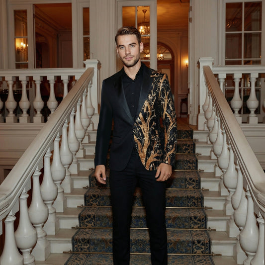 Black # Men's slim fit lightning tree sequin blazer with notched lapel and single-button closure, black sparkle suit jacket with unique sequin pattern and 3D tailored fit for party, prom, wedding and stage performance, isolated on white background.