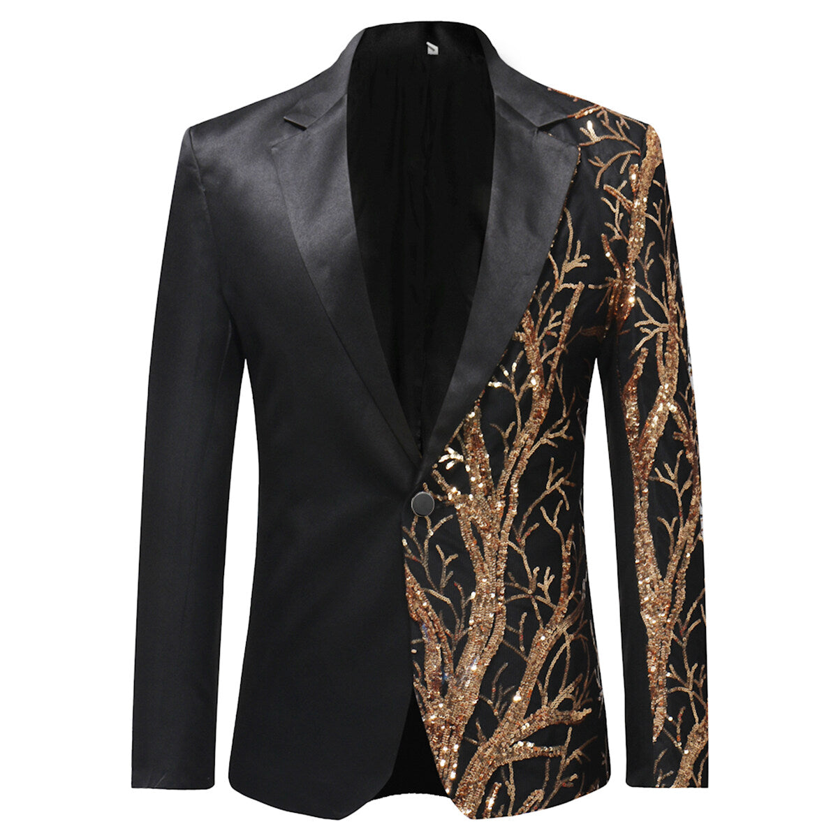 Black # Men's slim fit lightning tree sequin blazer with notched lapel and single-button closure, black sparkle suit jacket with unique sequin pattern and 3D tailored fit for party, prom, wedding and stage performance, isolated on white background.