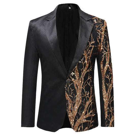 Black # Men's slim fit lightning tree sequin blazer with notched lapel and single-button closure, black sparkle suit jacket with unique sequin pattern and 3D tailored fit for party, prom, wedding and stage performance, isolated on white background.