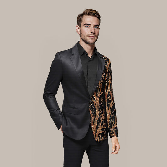 Black # Men's slim fit lightning tree sequin blazer with notched lapel and single-button closure, black sparkle suit jacket with unique sequin pattern and 3D tailored fit for party, prom, wedding and stage performance, isolated on white background.