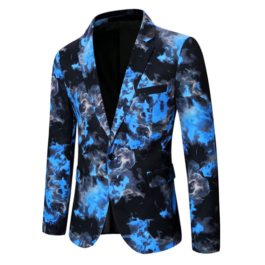 Royal Blue # Men's slim fit flame print blazer with one-button notched lapel and single-breasted closure, royal blue patterned sport coat jacket with back center vent for party, wedding, business and daily wear, isolated on white background.