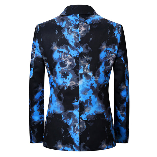 Royal Blue # Men's slim fit flame print blazer with one-button notched lapel and single-breasted closure, royal blue patterned sport coat jacket with back center vent for party, wedding, business and daily wear, isolated on white background.