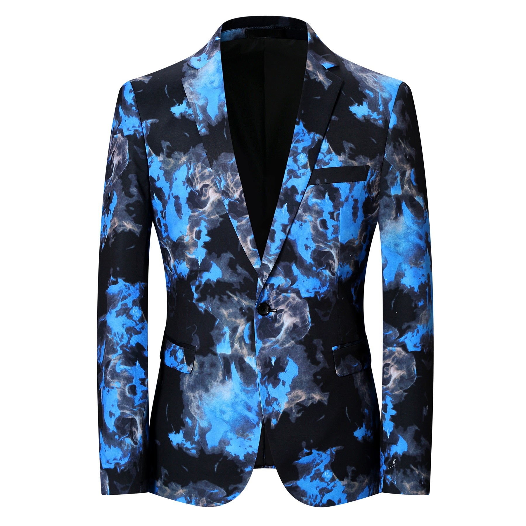 Royal Blue # Men's slim fit flame print blazer with one-button notched lapel and single-breasted closure, royal blue patterned sport coat jacket with back center vent for party, wedding, business and daily wear, isolated on white background.