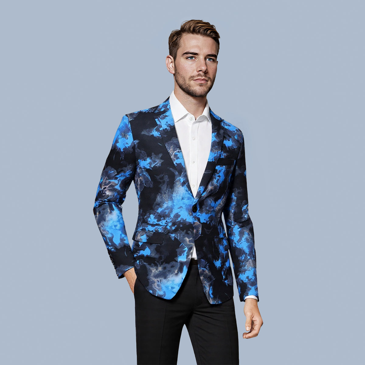 Royal Blue # Men's slim fit flame print blazer with one-button notched lapel and single-breasted closure, royal blue patterned sport coat jacket with back center vent for party, wedding, business and daily wear, isolated on white background.