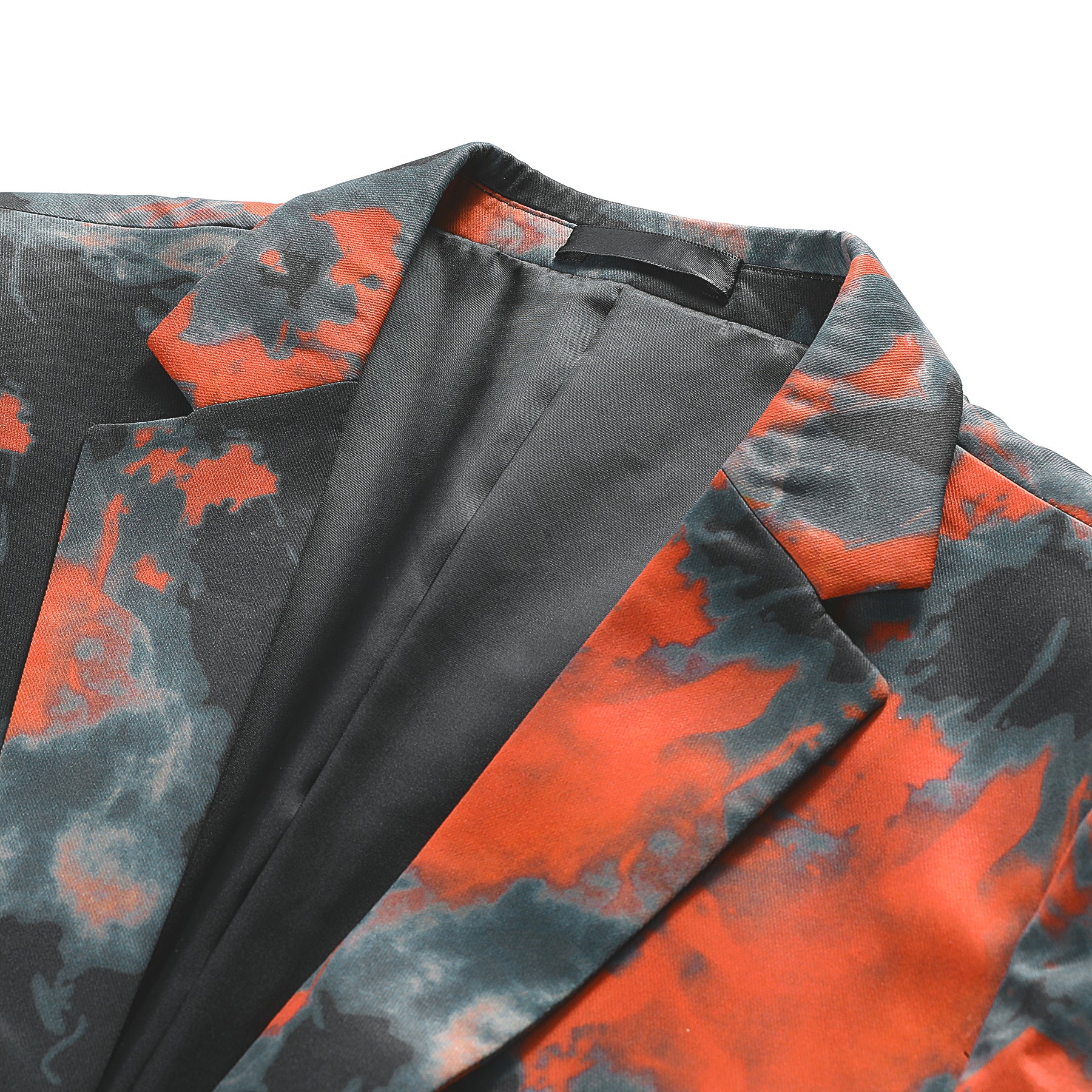 Orange # Men's slim fit orange flame printed blazer with one-button notch lapel and single-breasted closure, bold fire pattern sport coat with back center vent for party, prom, wedding and daily wear, isolated on white background.