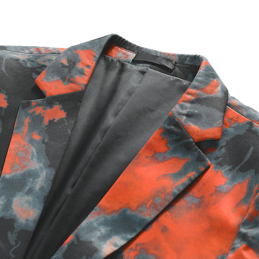 Orange # Men's slim fit orange flame printed blazer with one-button notch lapel and single-breasted closure, bold fire pattern sport coat with back center vent for party, prom, wedding and daily wear, isolated on white background.